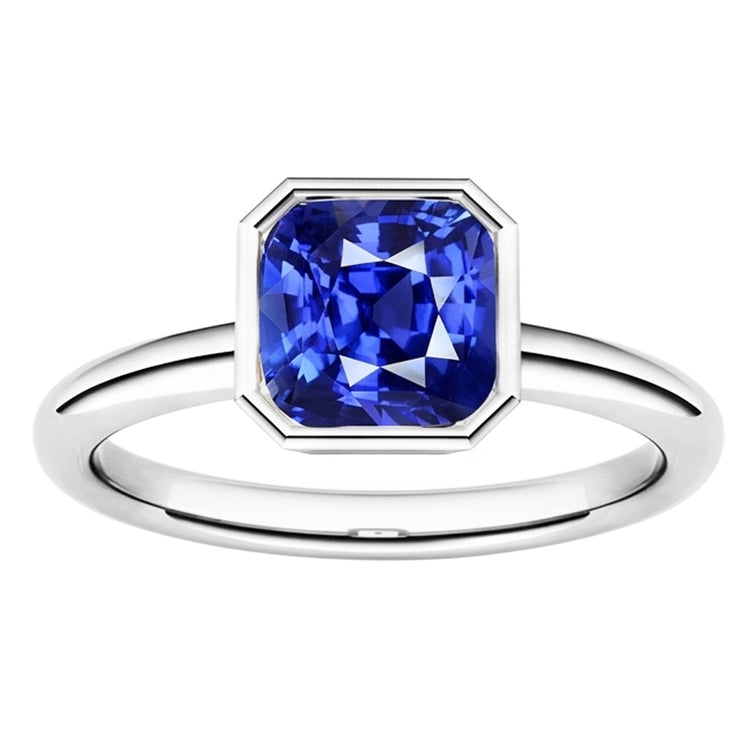 Bague Solitaire Pierres Précieuses Coussin Lunette Sertie Saphir Bleu 1.50 Carats