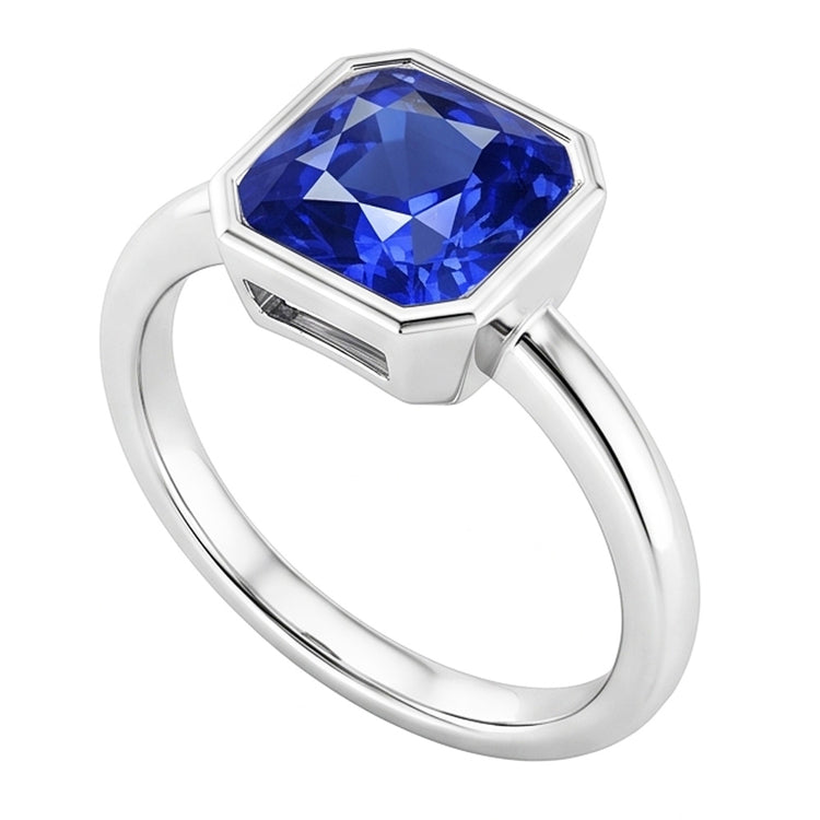 Bague Solitaire Pierres Précieuses Coussin Lunette Sertie Saphir Bleu 1.50 Carats