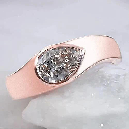 Bague Solitaire Poire Réel Diamant 2 Carats Or Rose Grain De Bois Métal