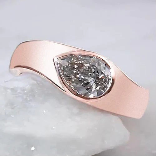 Bague Solitaire Poire Réel Diamant 2 Carats Or Rose Grain De Bois Métal