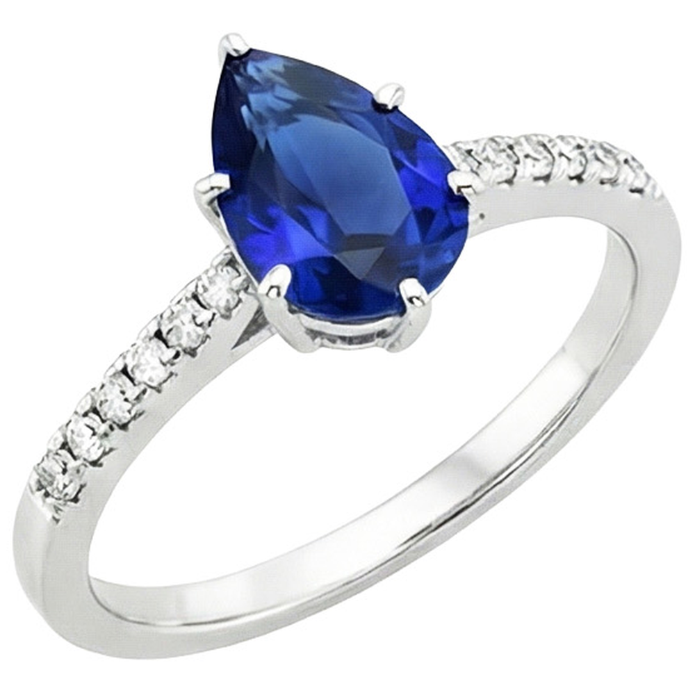 Bague Solitaire Poire Saphir Bleu Avec Accents Pavé De Diamants Naturels Extraits des Mines ( et non cultivés en laboratoire ) 5 Carats