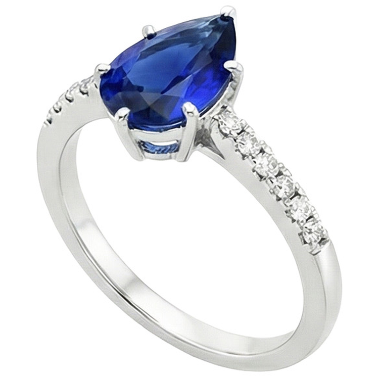 Bague Solitaire Poire Saphir Bleu Avec Accents Pavé De Diamants Naturels Extraits des Mines ( et non cultivés en laboratoire ) 5 Carats