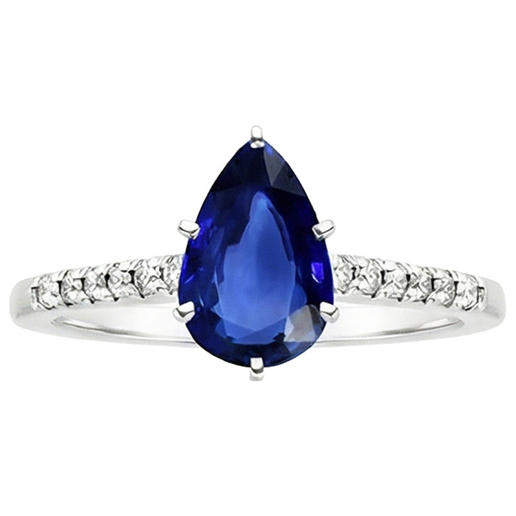 Bague Solitaire Poire Saphir Bleu Avec Accents Pavé De Diamants Naturels Extraits des Mines ( et non cultivés en laboratoire ) 5 Carats