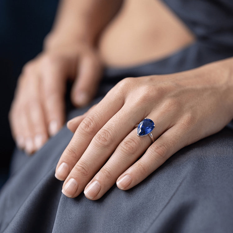 Bague Solitaire Poire Saphir Bleu Foncé Bijoux 3 Carats