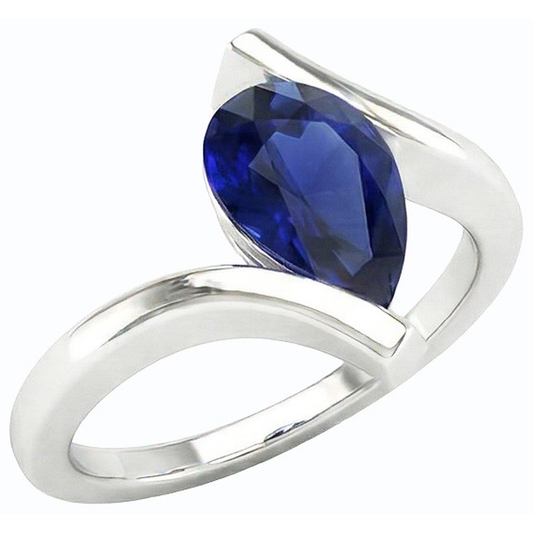 Bague Solitaire Poire Saphir Bleu Foncé Or 14K Style Tension 2 Carats