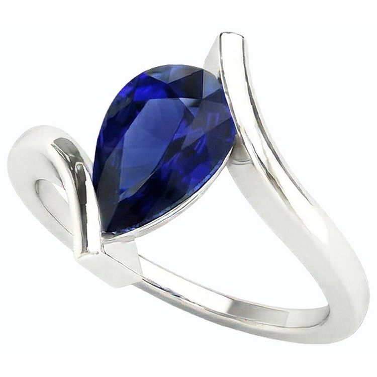 Bague Solitaire Poire Saphir Bleu Foncé Or 14K Style Tension 2 Carats
