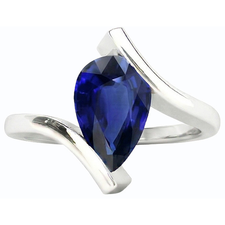 Bague Solitaire Poire Saphir Bleu Foncé Or 14K Style Tension 2 Carats