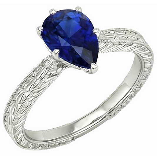 Bague Solitaire Poire Style Antique Saphir Bleu Or Blanc 1.50 Carats