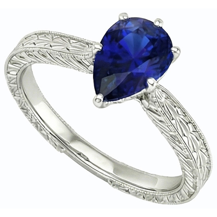 Bague Solitaire Poire Style Antique Saphir Bleu Or Blanc 1.50 Carats
