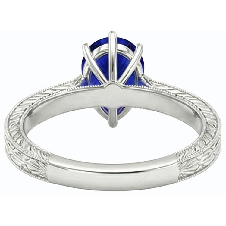 Bague Solitaire Poire Style Antique Saphir Bleu Or Blanc 1.50 Carats
