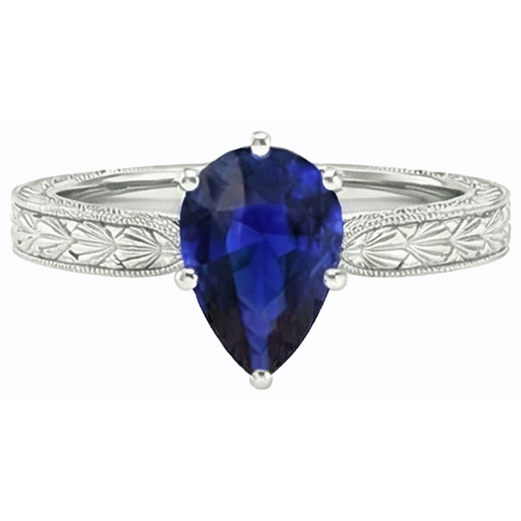 Bague Solitaire Poire Style Antique Saphir Bleu Or Blanc 1.50 Carats