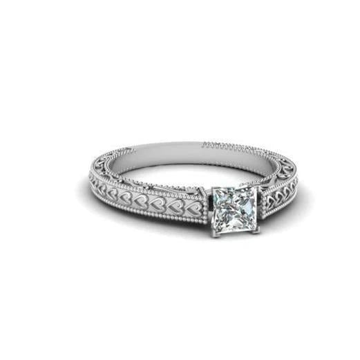 Bague Solitaire Princesse 1 Carat Réel Diamant Look Antique Or Blanc 14K