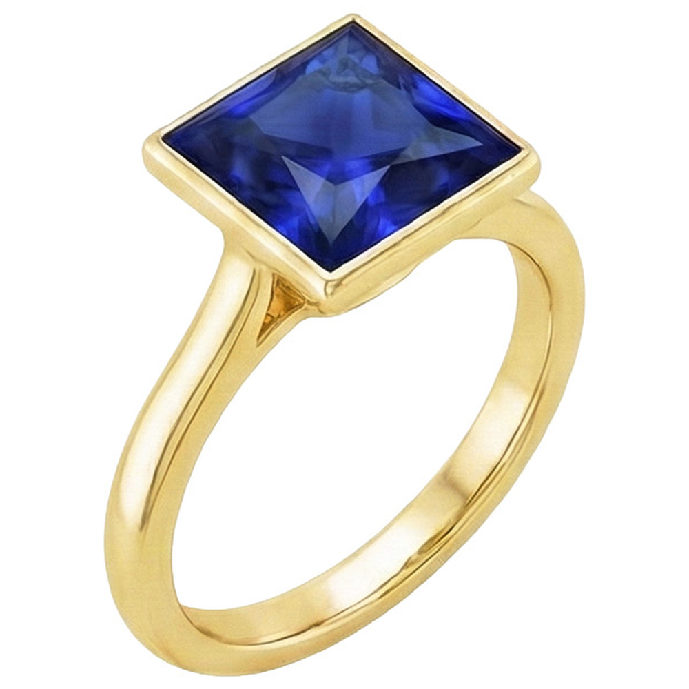 Bague Solitaire Princesse Lunette Sertie Saphir Bleu 5 Carats Or Jaune