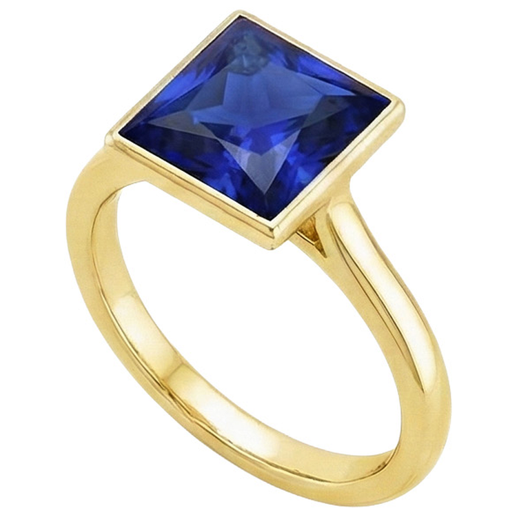 Bague Solitaire Princesse Lunette Sertie Saphir Bleu 5 Carats Or Jaune