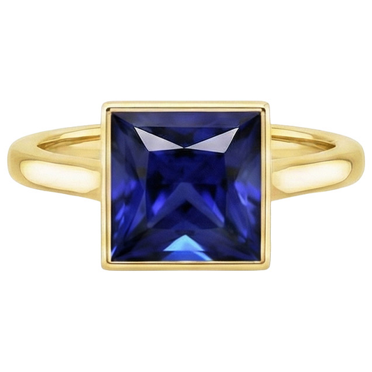 Bague Solitaire Princesse Lunette Sertie Saphir Bleu 5 Carats Or Jaune