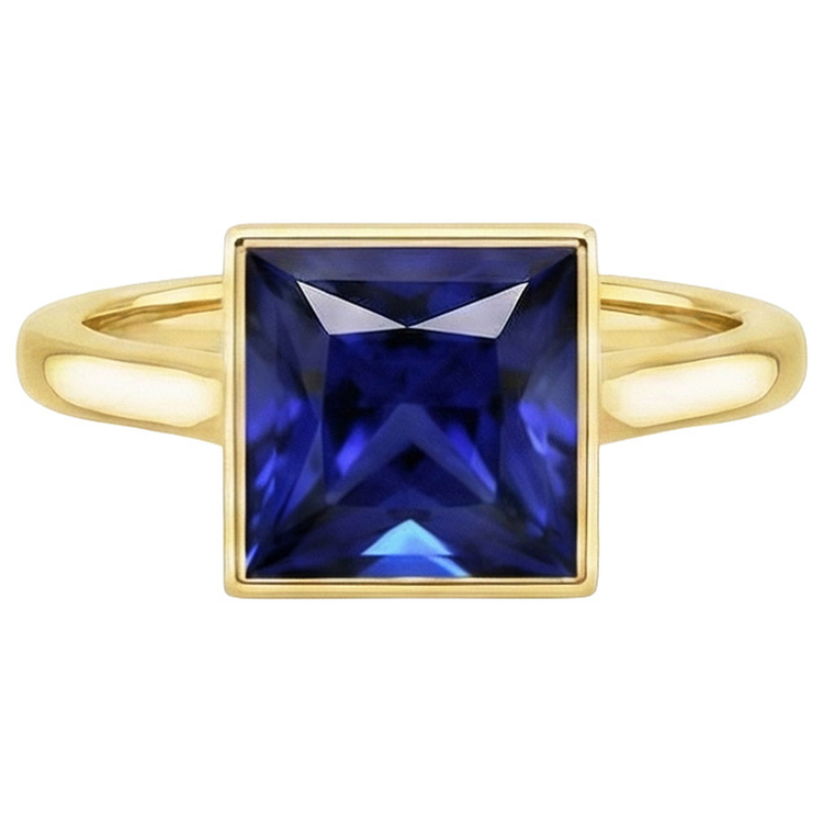 Bague Solitaire Princesse Lunette Sertie Saphir Bleu 5 Carats Or Jaune