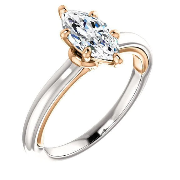 Bague Solitaire Réel Diamant Taille Marquise 1 Carat Bicolore Bijoux Dames