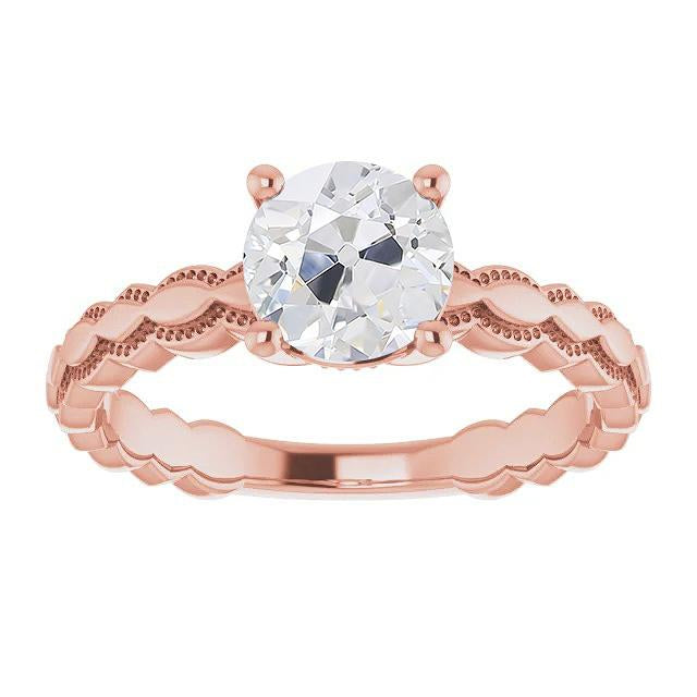 Bague Solitaire Ronde Réel Diamant Taille Vieille Mine 2 Carats Tige Milgrain