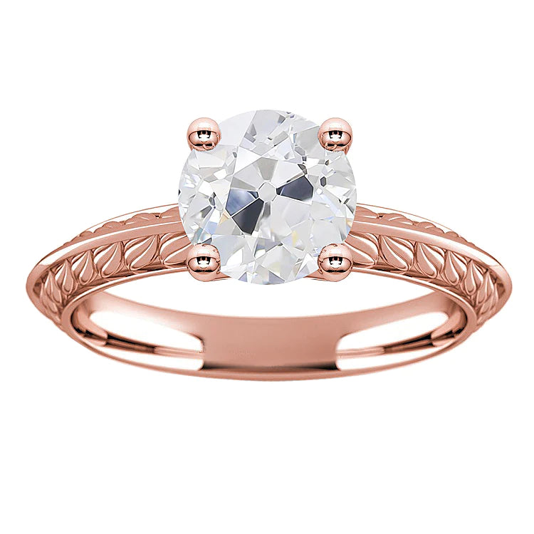 Bague Solitaire Ronde Réel Diamant Taille Vieille Mine 3 Carats Or Rose 14K