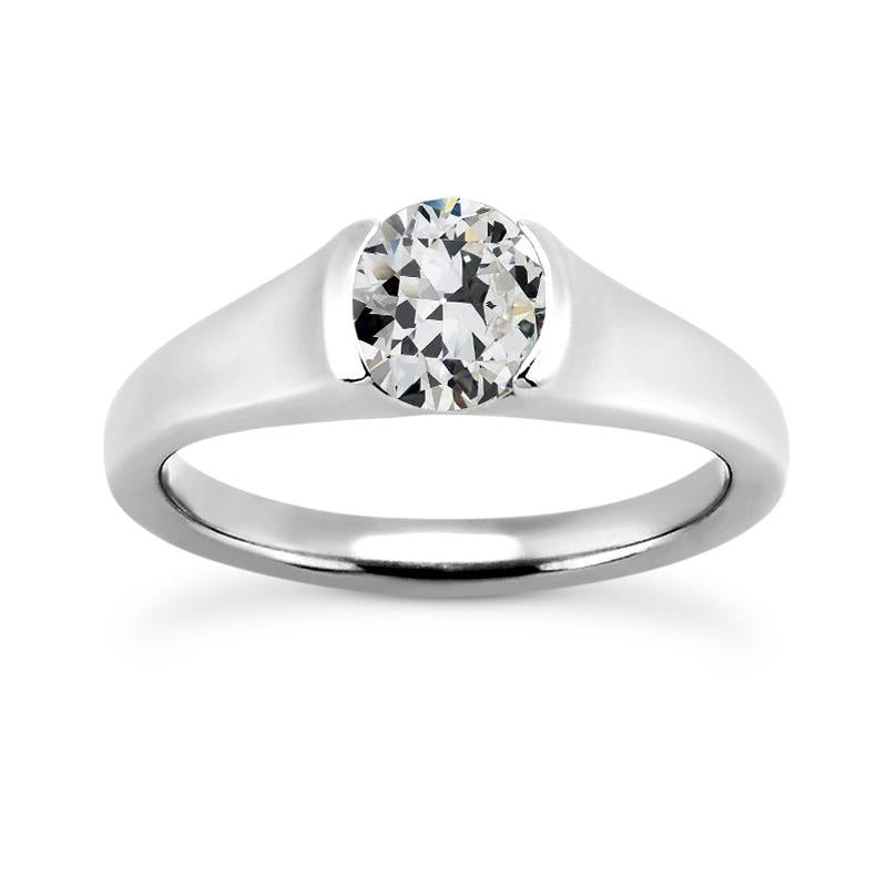 Bague Solitaire Ronde Vieux Mineur Naturel Diamant Demi Lunette