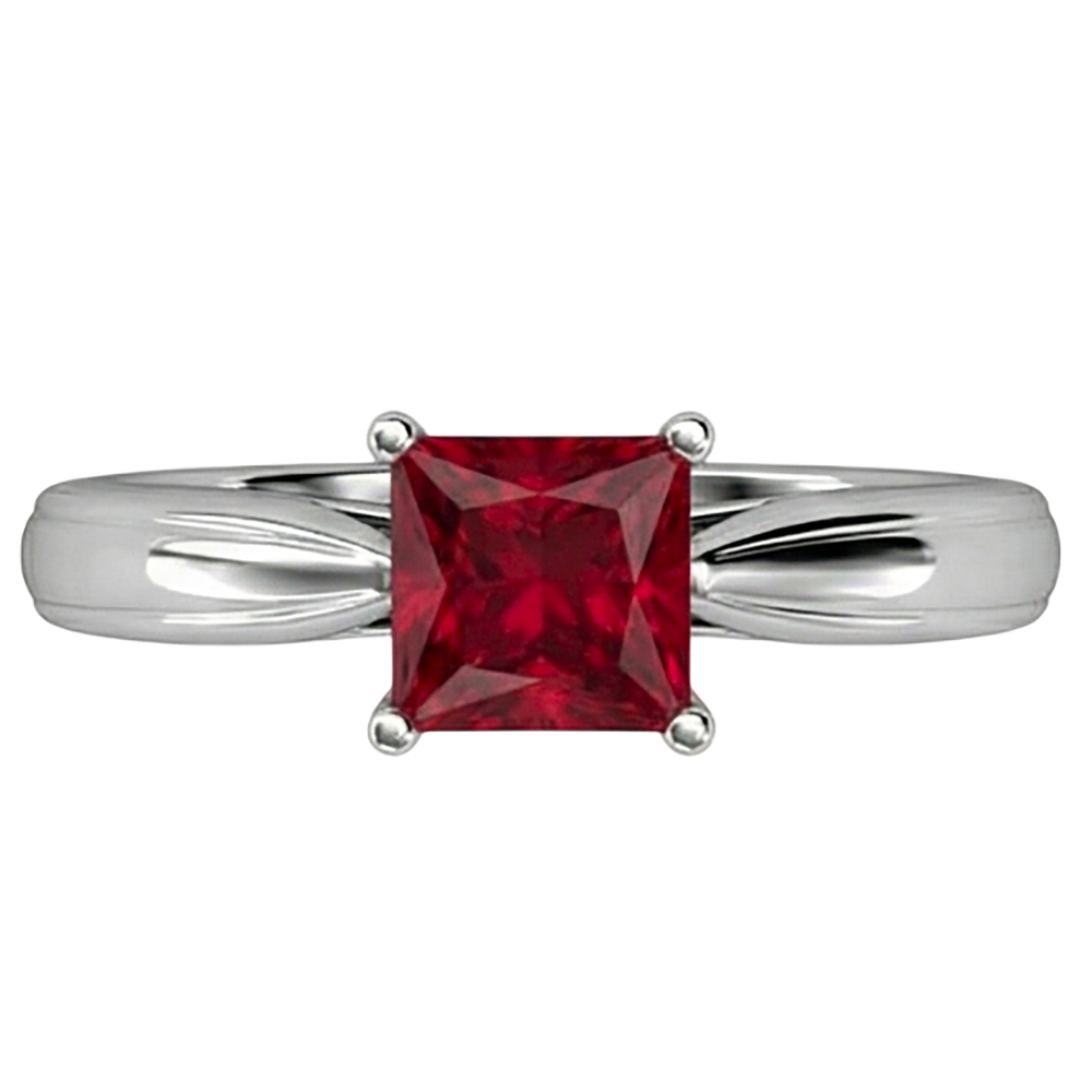 Bague Solitaire Rubis 2 Carats Taille Princesse Or Blanc 14K