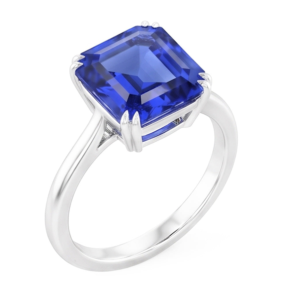 Bague Solitaire Saphir Asscher Cut Double Griffe Or 14K 2.50 Carats