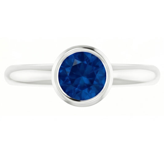 Bague Solitaire Saphir Bleu 0.75 Carats Sertissage Lunette Or Blanc 14K
