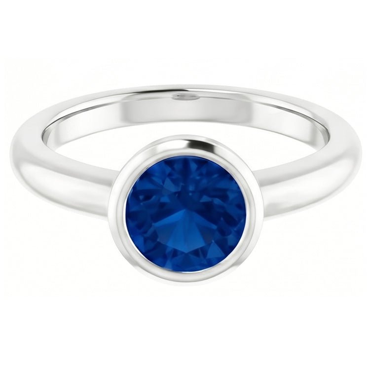 Bague Solitaire Saphir Bleu 0.75 Carats Sertissage Lunette Or Blanc 14K