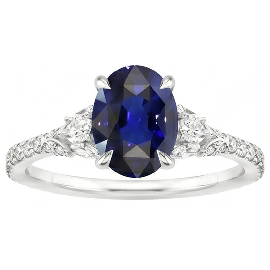 Bague Solitaire Saphir Bleu Avec Accents Bijoux Or Blanc 5 Carats