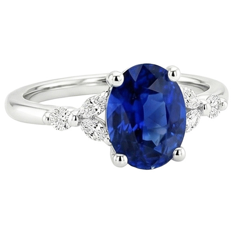 Bague Solitaire Saphir Bleu Avec Diamant Rond & Marquise 3.75 Carats