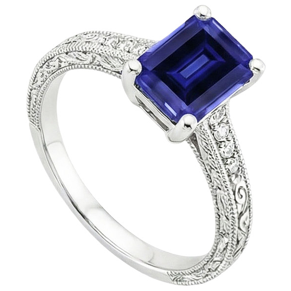 Bague Solitaire Saphir Bleu Avec Diamants Naturels Extraits des Mines ( et non cultivés en laboratoire ) Tige Millgrain 3.50 Carats