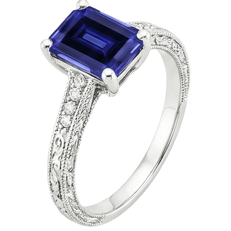 Bague Solitaire Saphir Bleu Avec Diamants Naturels Extraits des Mines ( et non cultivés en laboratoire ) Tige Millgrain 3.50 Carats