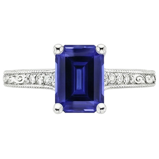 Bague Solitaire Saphir Bleu Avec Diamants Naturels Extraits des Mines ( et non cultivés en laboratoire ) Tige Millgrain 3.50 Carats