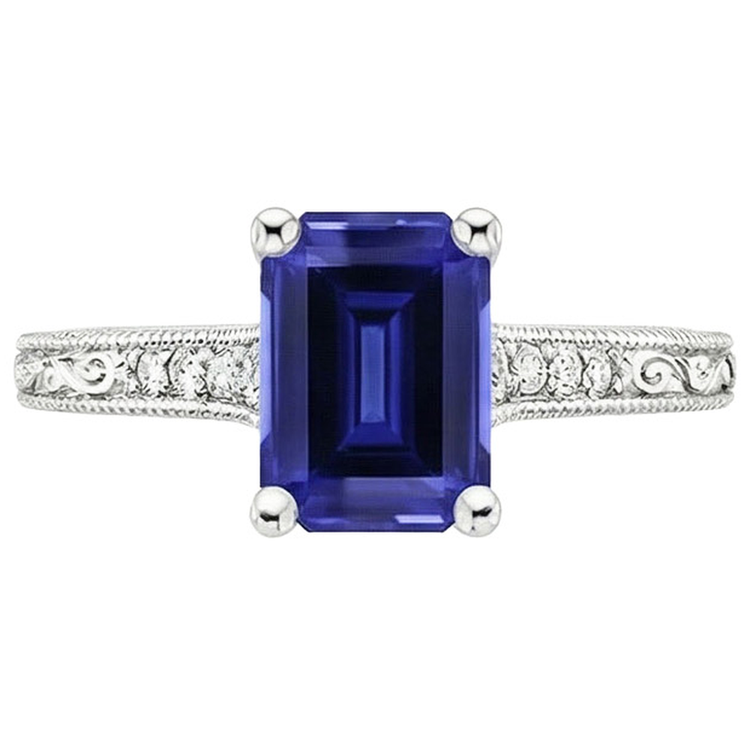Bague Solitaire Saphir Bleu Avec Diamants Naturels Extraits des Mines ( et non cultivés en laboratoire ) Tige Millgrain 3.50 Carats