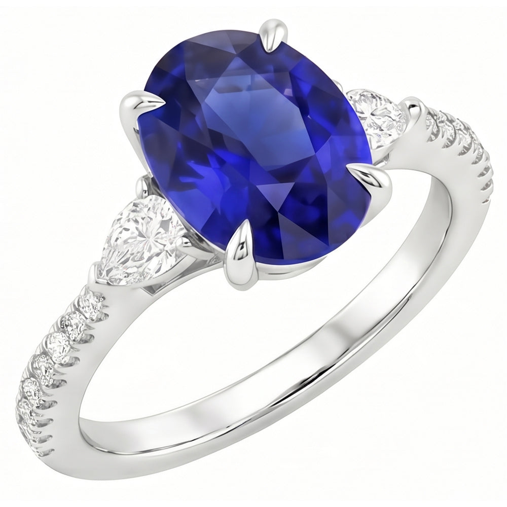 Bague Solitaire Saphir Bleu Avec Poire & Accent Diamant Rond 3 Carats