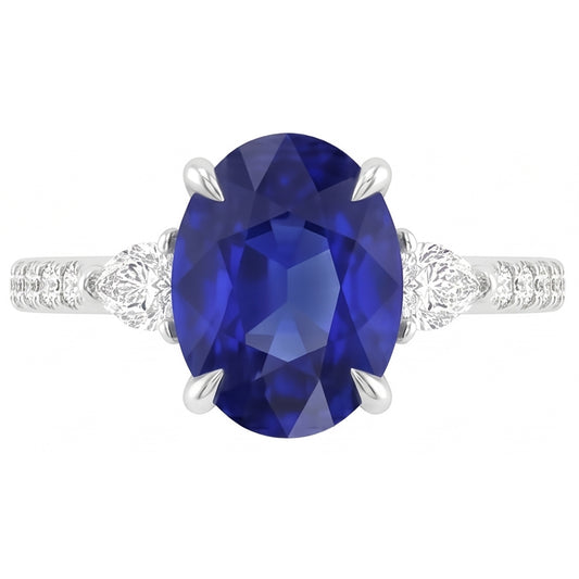 Bague Solitaire Saphir Bleu Avec Poire & Accent Diamant Rond 3 Carats