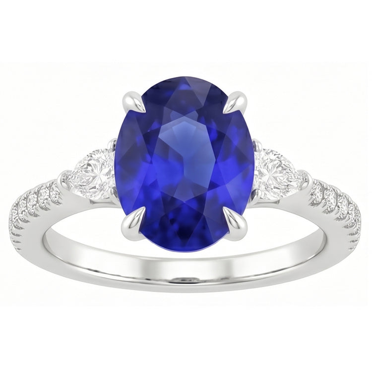 Bague Solitaire Saphir Bleu Avec Poire & Accent Diamant Rond 3 Carats