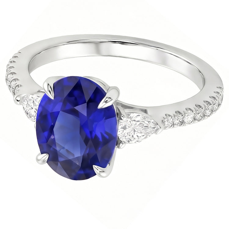 Bague Solitaire Saphir Bleu Avec Poire & Accent Diamant Rond 3 Carats