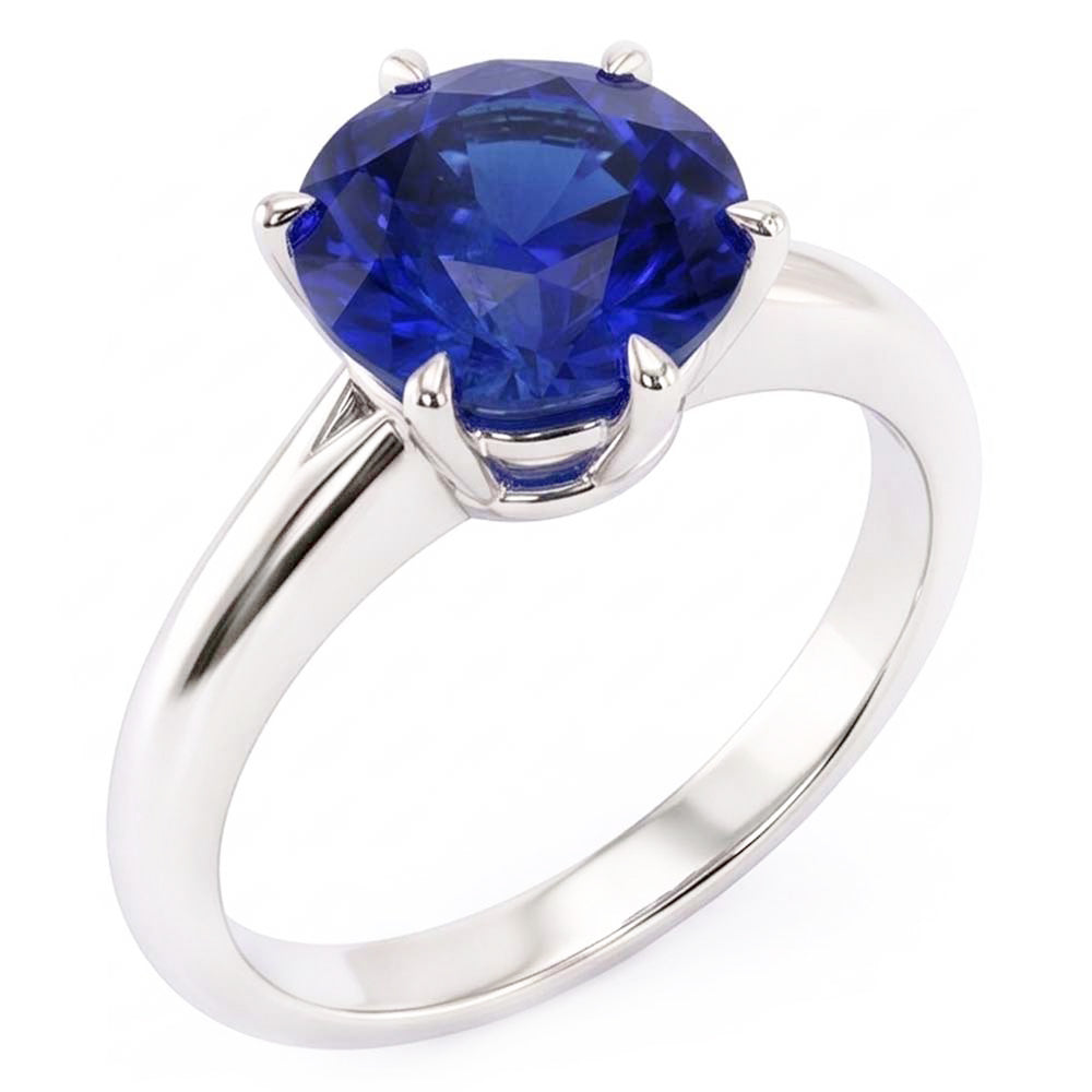 Bague Solitaire Saphir Bleu De Forme Ronde Sertie De Griffes
