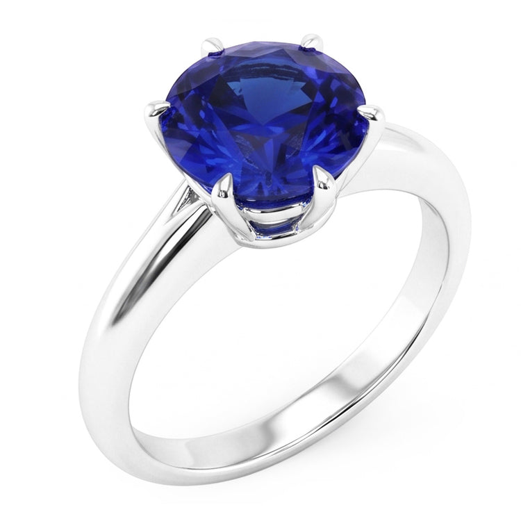 Bague Solitaire Saphir Bleu De Forme Ronde Sertie De Griffes