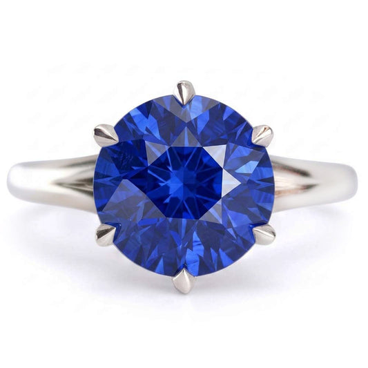 Bague Solitaire Saphir Bleu De Forme Ronde Sertie De Griffes