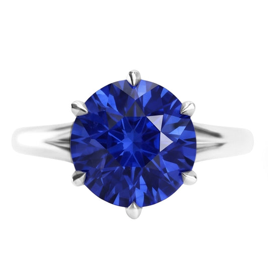 Bague Solitaire Saphir Bleu De Forme Ronde Sertie De Griffes