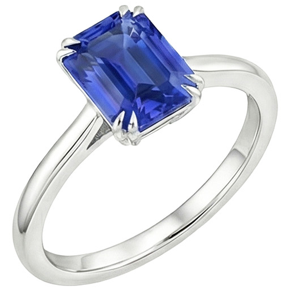 Bague Solitaire Saphir Bleu Émeraude 3 Carats Or Blanc 14K