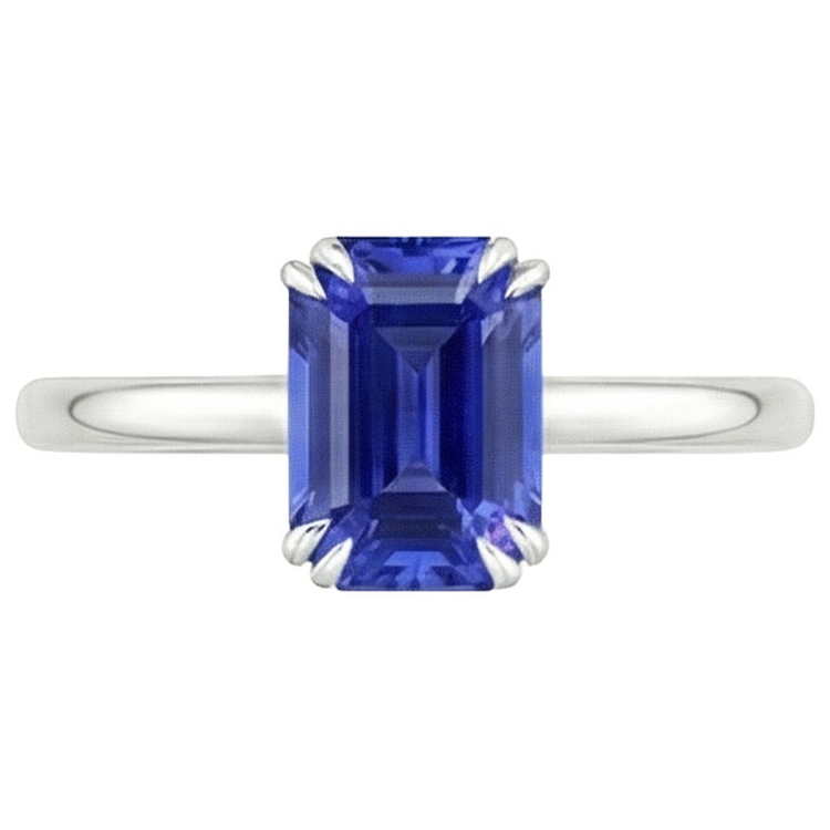 Bague Solitaire Saphir Bleu Émeraude 3 Carats Or Blanc 14K