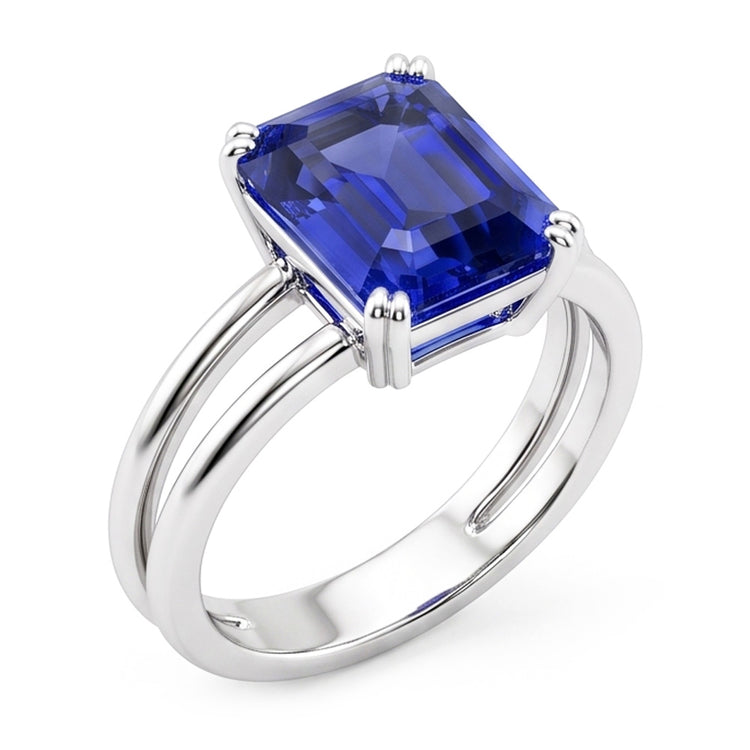 Bague Solitaire Saphir Bleu Emeraude Double Griffe Split Tige 2 Carats