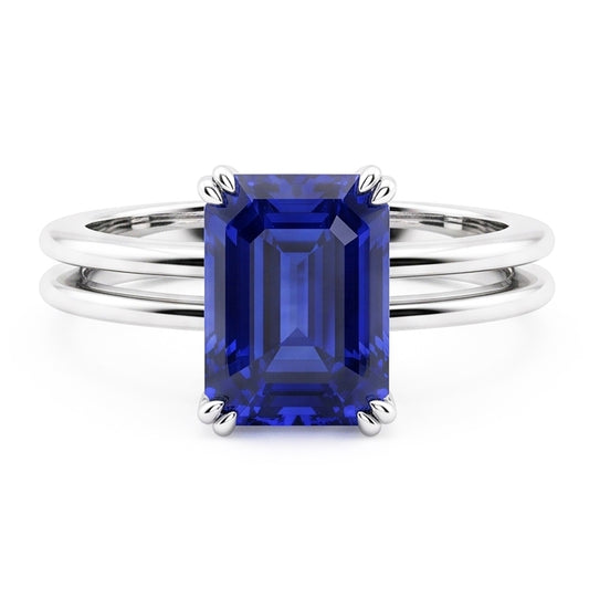 Bague Solitaire Saphir Bleu Emeraude Double Griffe Split Tige 2 Carats