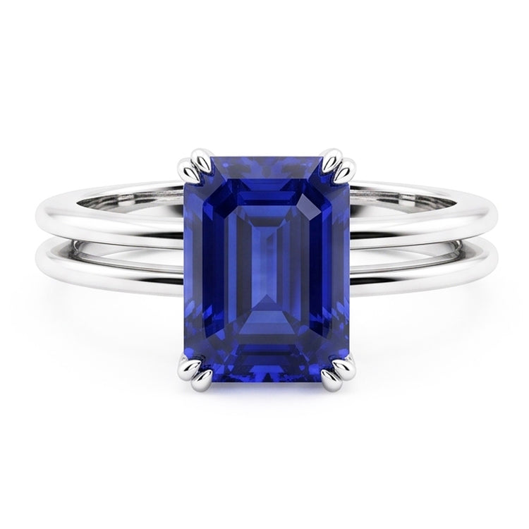 Bague Solitaire Saphir Bleu Emeraude Double Griffe Split Tige 2 Carats