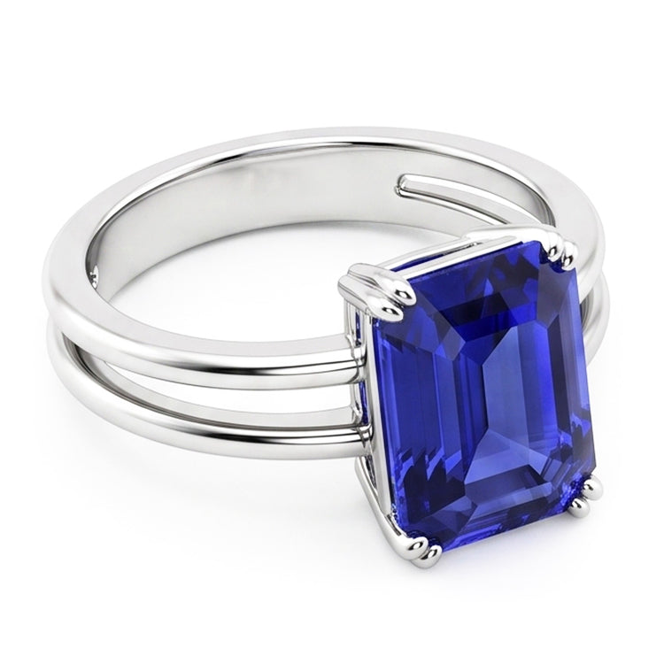 Bague Solitaire Saphir Bleu Emeraude Double Griffe Split Tige 2 Carats