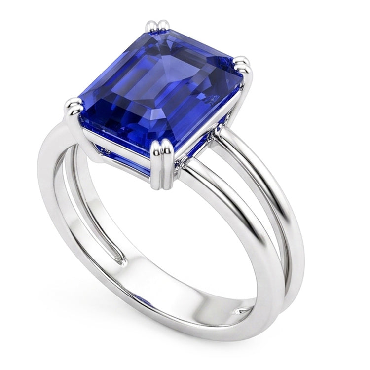 Bague Solitaire Saphir Bleu Emeraude Double Griffe Split Tige 2 Carats