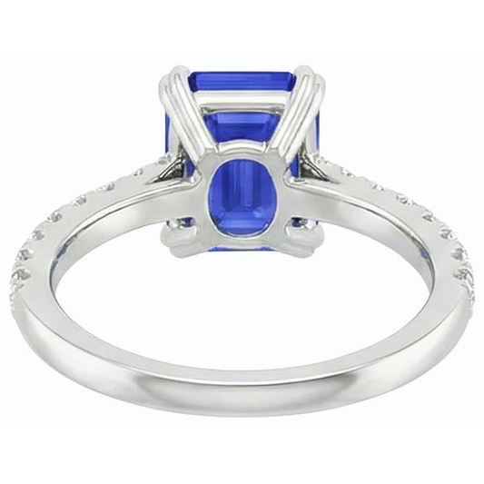 Bague Solitaire Saphir Bleu Emeraude & Pavé Diamants 3.50 Carats